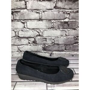 The Flexx Navy Blue Canvas Emblem Fabric Pump Wedge Shoes Women’s Sz 8M US/39EU